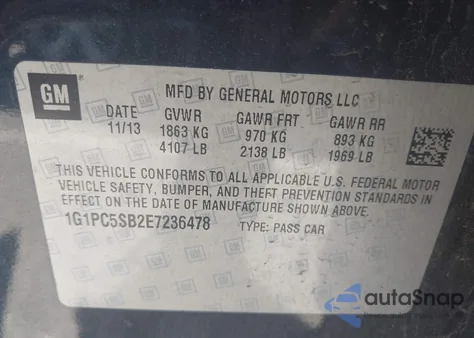 2014 Chevrolet Cruze 1Lt Auto from USA, damaged, VIN 1G1PC5SB2E7236478